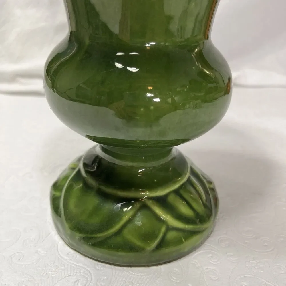 Vintage Mid Century Haeger Art Pottery Avocado Green Pedestal Ceramic Vase 9.5in